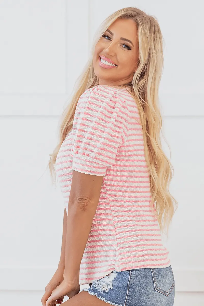 Pink Stripe Textured Puff Sleeve Crewneck Top for Women - Love Salve